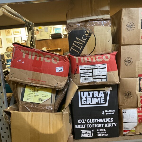 Stack of six boxes containing drywall screws with fine zinc coating.