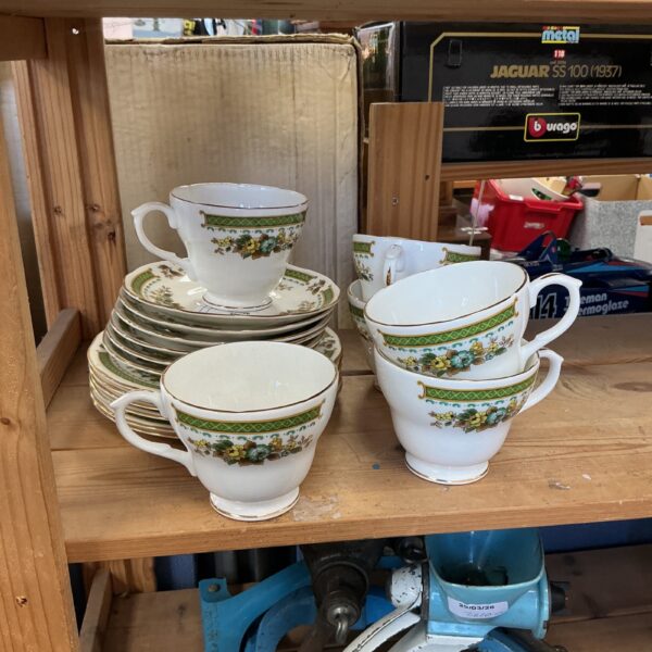 Vintage Duchess bone china cups and saucers with floral design.