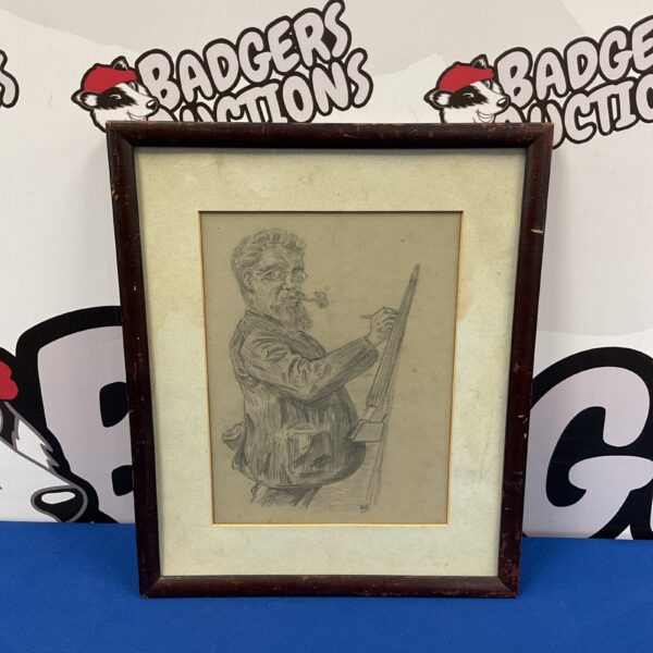 Framed early 20th-century pencil sketch of a bearded artist.