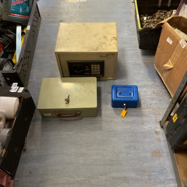 Compact electronic security safe with two metal cash boxes inside.