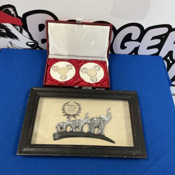 Vintage elephant kindness candle holders with framed plaque for home decor.