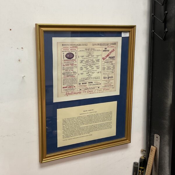 Framed vintage England Wales rugby programme from 1910 at Twickenham.