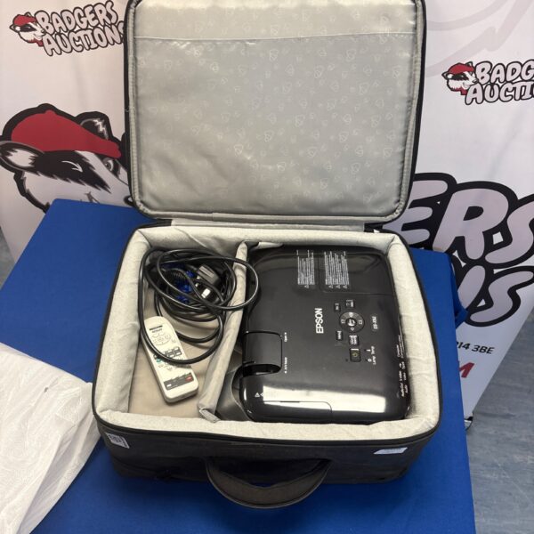 Epson H390B LCD projector with carrying case for presentations.