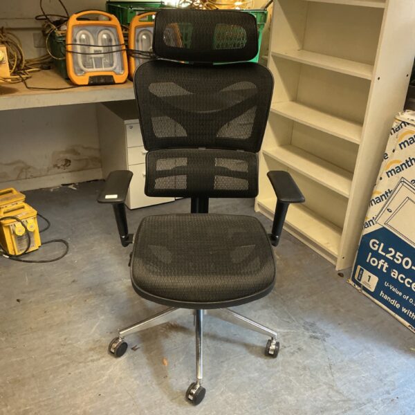 Black ergonomic office chair with mesh back and adjustable features.