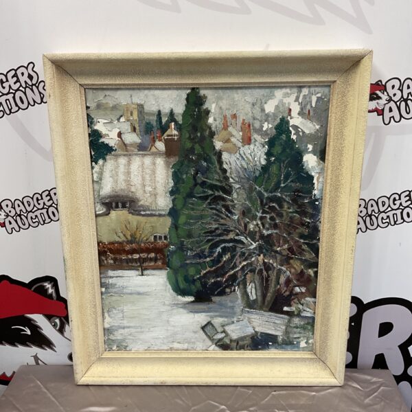 Vintage oil painting of a winter scene in Ewelme, Oxfordshire.