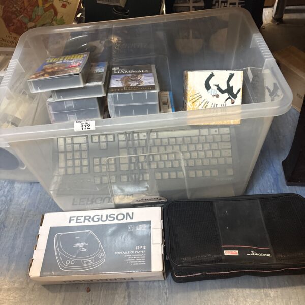 Mixed lot with Ferguson portable CD player and VHS tapes.