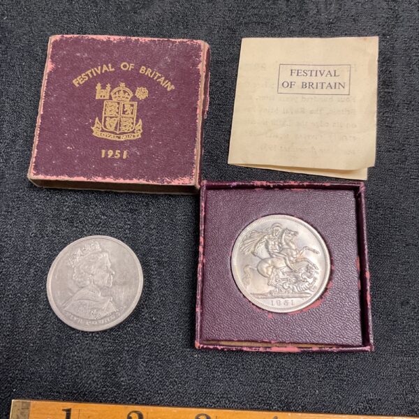 Festival of Britain coin and 2002 five pound coin, British commemorative coins.