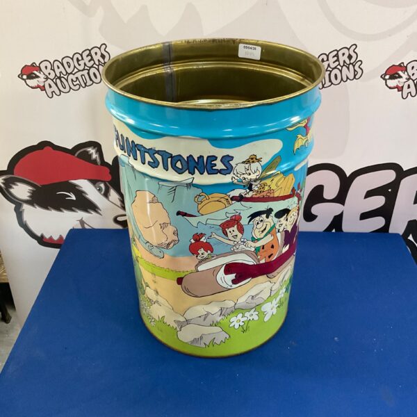 Vintage Flintstones metal bin with colourful cartoon characters.