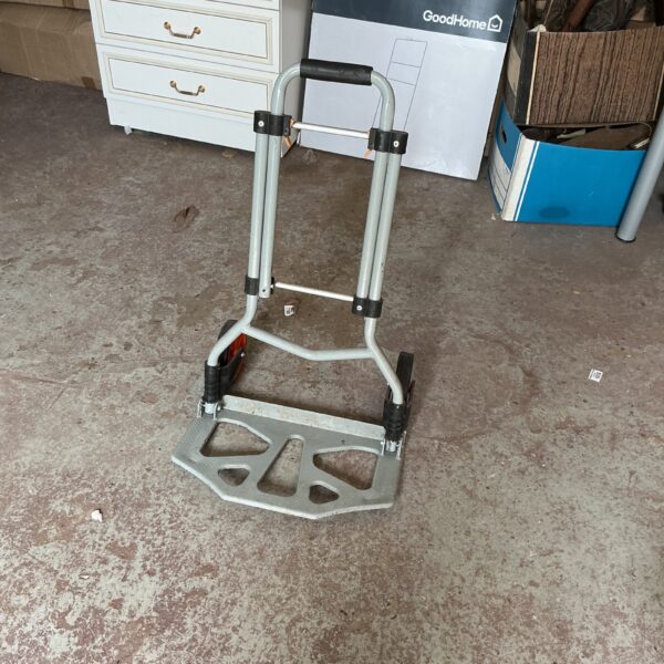 Steel folding trolley with a plastic platform for light-duty transport.