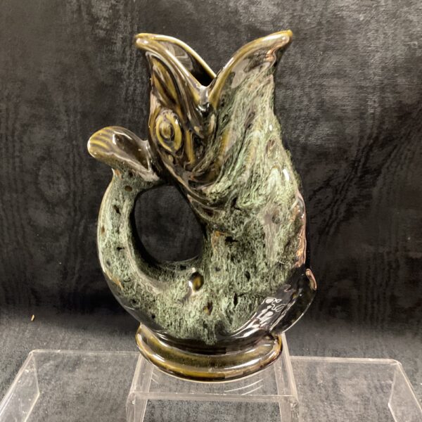 Vintage Fosters Cornwall guggle jug with green and brown glaze.