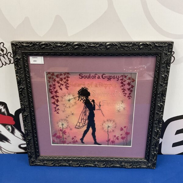 Colourful framed embroidery art with a gypsy, hippie, and fairy theme.
