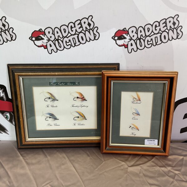 Vintage framed display of colourful fly fishing flies.