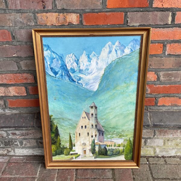Fred Lloyd alpine church painting, vintage landscape art.