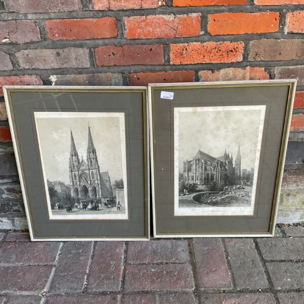 Antique pair of French cathedral prints by Felix Benoist.