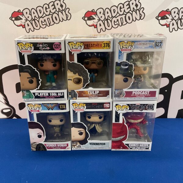 Funko Pop figures lot including Wonder Woman, Daredevil, and The Witcher.