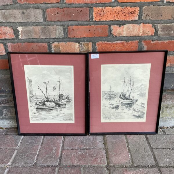 Antique watercolour painting of fishing boats by Galbiati Giacinto.
