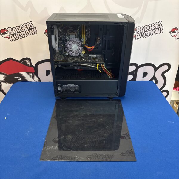 Gaming PC desktop computer tower with graphics card.