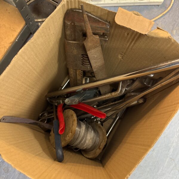 Lot of vintage garage tools including a Stilson grip wrench.