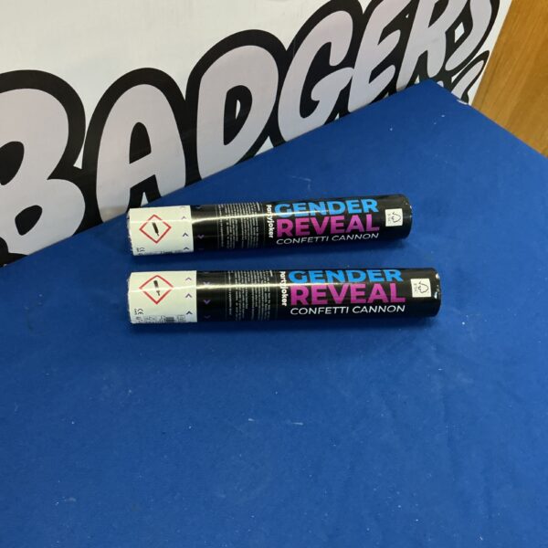 Two unopened gender reveal confetti cannons in packaging.