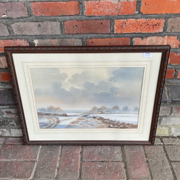 Signed Gillibrandt watercolour painting of a winter farm landscape.