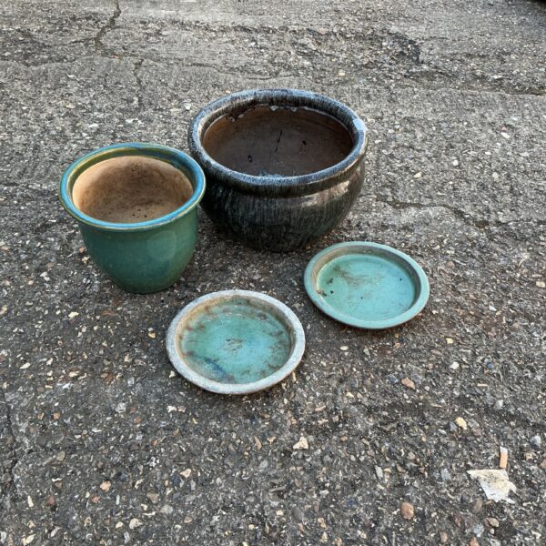 Pair of vintage glazed garden pots for outdoor plants.