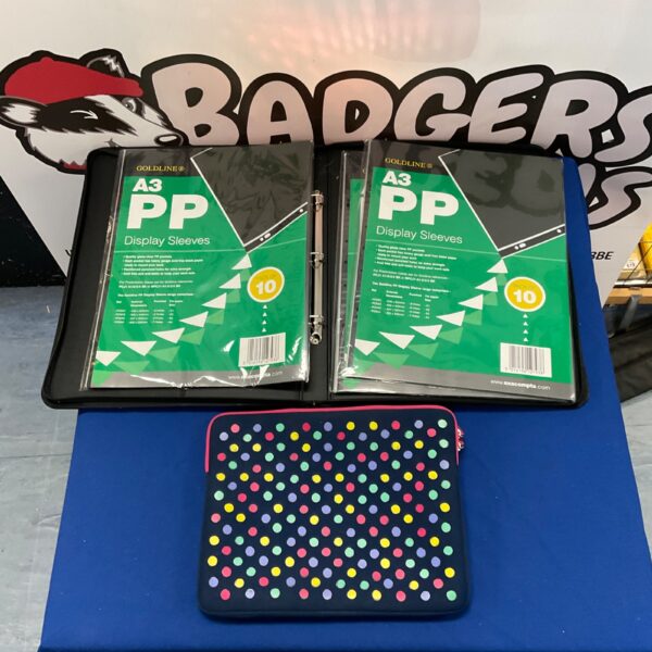 Goldline A3 display sleeves with portfolio case and laptop sleeve.