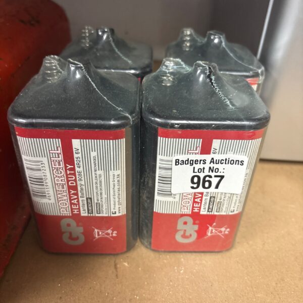 Lot of four GP 6V lantern batteries, model 908E 4R25, for collectors.