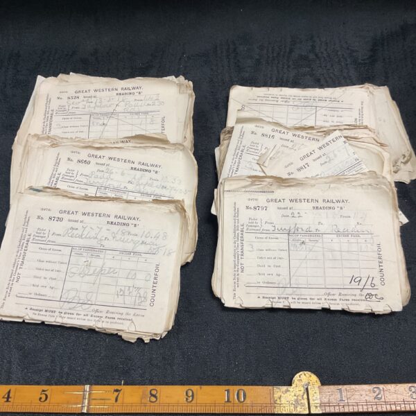 Vintage Great Western Railway Excess Fare tickets from 1918.