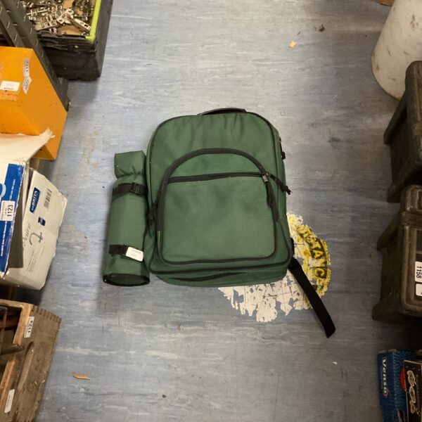 Green Ascot picnic backpack with insulated interior for outdoor use.