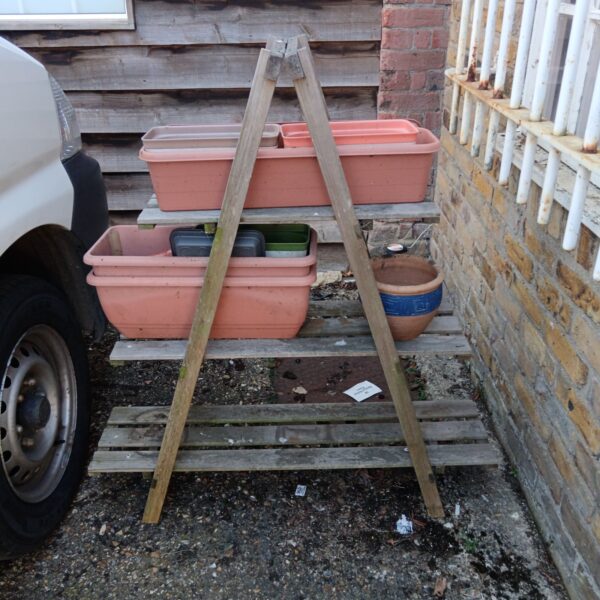 Wooden greenhouse shelving unit with plastic plant pots outdoors.