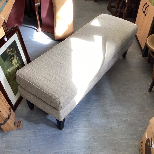 Grey fabric bench seat, modern upholstered hallway furniture.