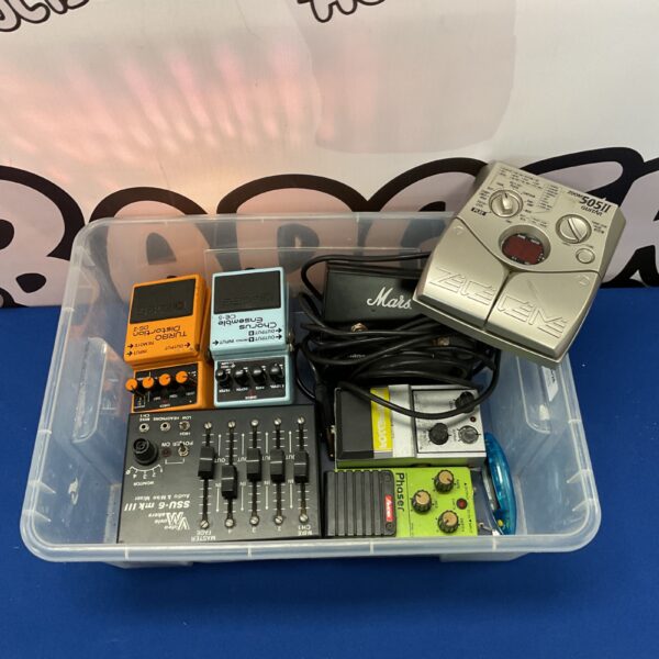 Guitar effects pedals lot including Boss and Marshall pedals.
