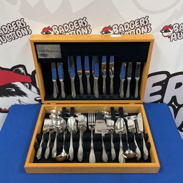 Guy Degrenne stainless steel cutlery set in presentation box, vintage flatware.