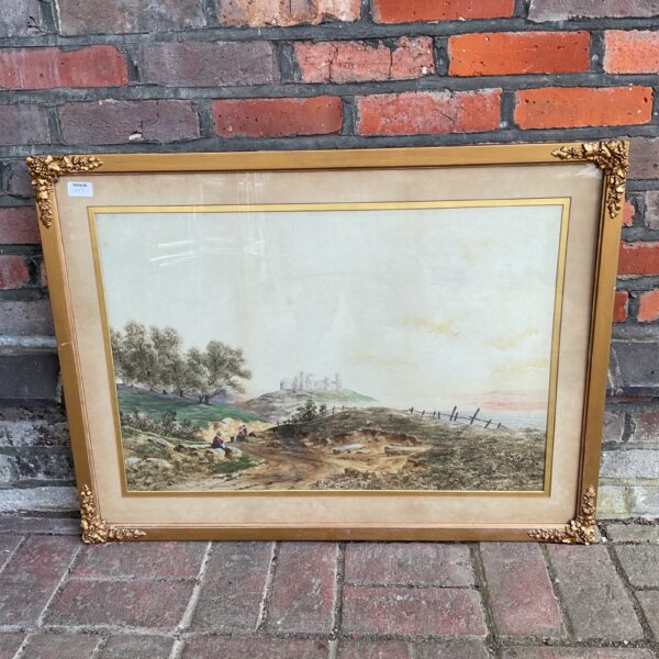 Antique H O’Brien watercolour painting of a castle landscape with figures.
