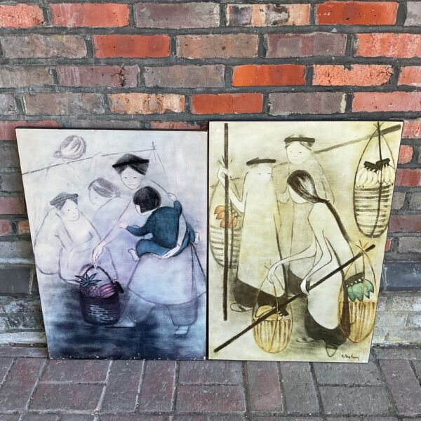 Vintage Ha Van Vuong print of a Vietnamese fruit seller.