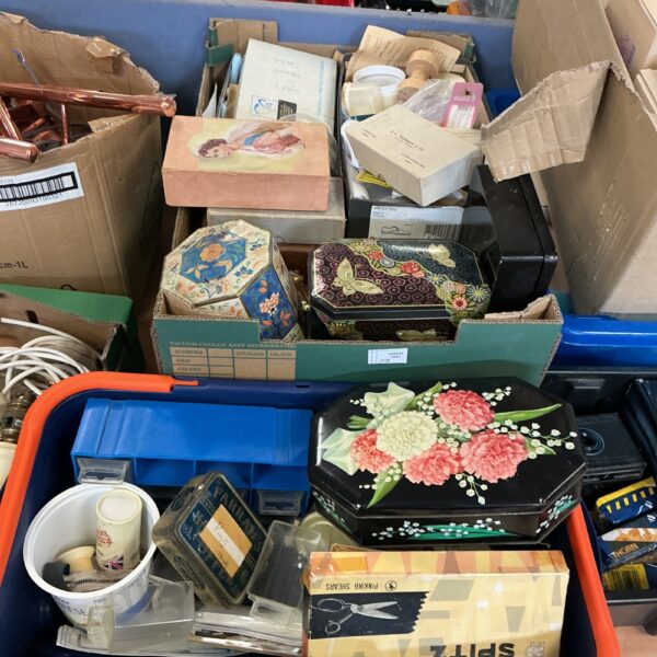 Vintage haberdashery lot with boxes of sewing supplies.