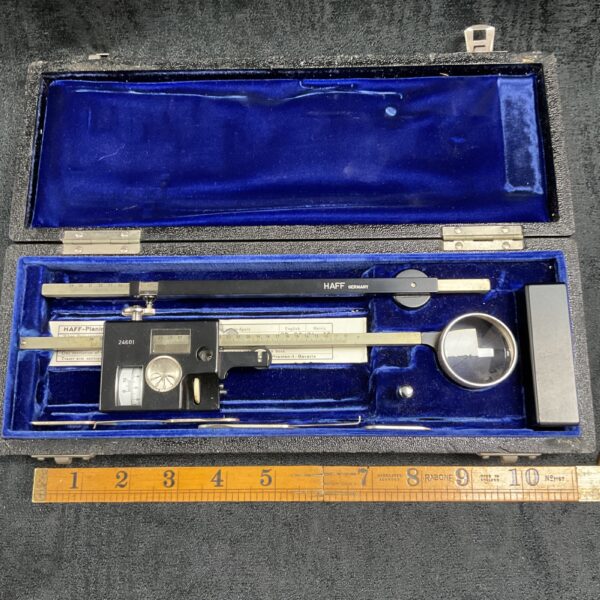 Vintage HAFF planimeter in its original blue velvet lined case.