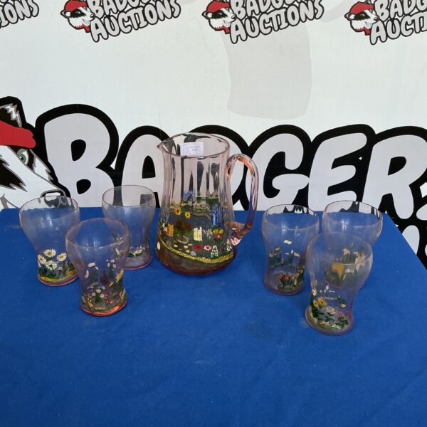 Vintage handpainted glass pitcher set with floral design and tumblers.