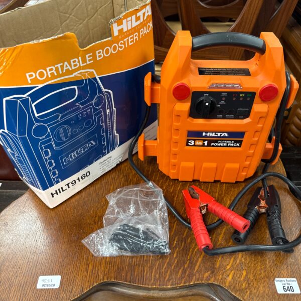 Hilta portable booster pack with jump leads and original box.