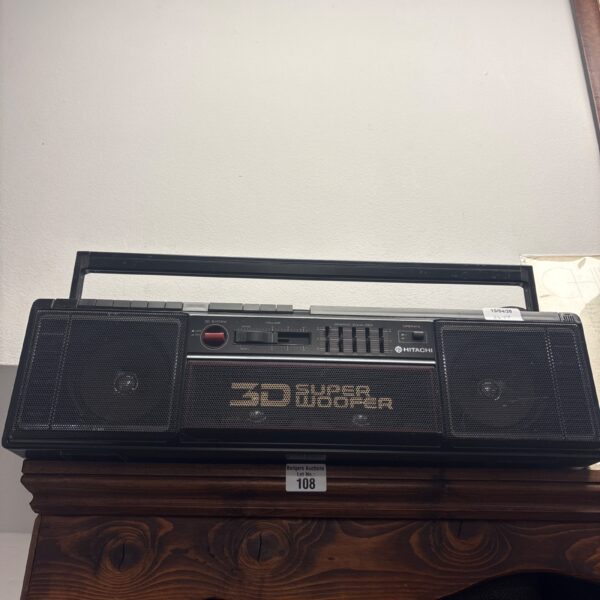 Vintage Hitachi stereo cassette recorder, portable audio player.