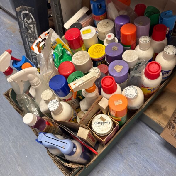 Assorted house clearance chemicals in a tray, vintage cleaning supplies.