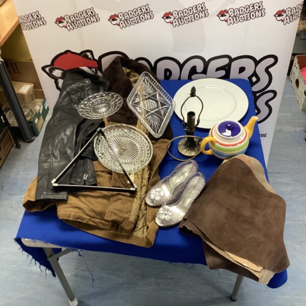 Mixed lot from house clearance including leather jacket and teapot.