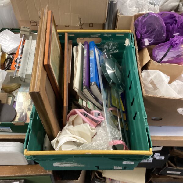 Box of mixed items inc Wall clock & highgrove books
