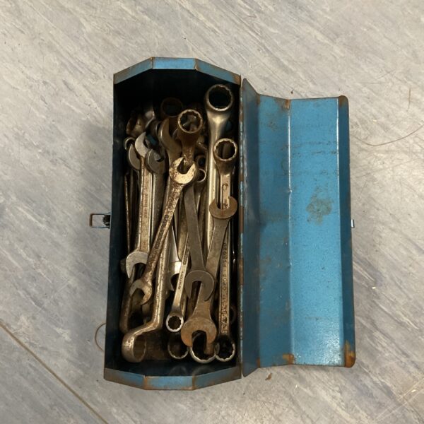 Vintage my buddy tackle metal box with assorted spanners