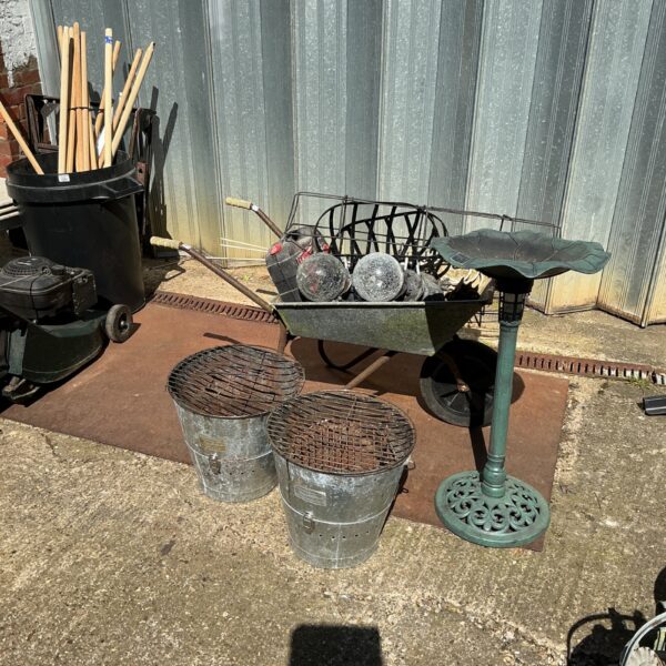 Selection of garden items inc galvanised wheelbarrow, Fire buckets and bird bath
