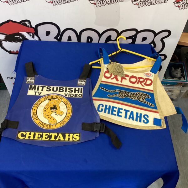 Two Oxford cheetahs speedway vests with signatures & a brass plaque