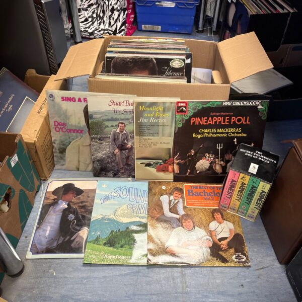 Box of mixed 12’ vinyl records and the secret policeman’s box of balls