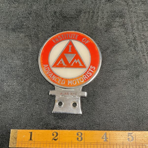Vintage Institute of Advanced Motorists car badge, classic motoring emblem.