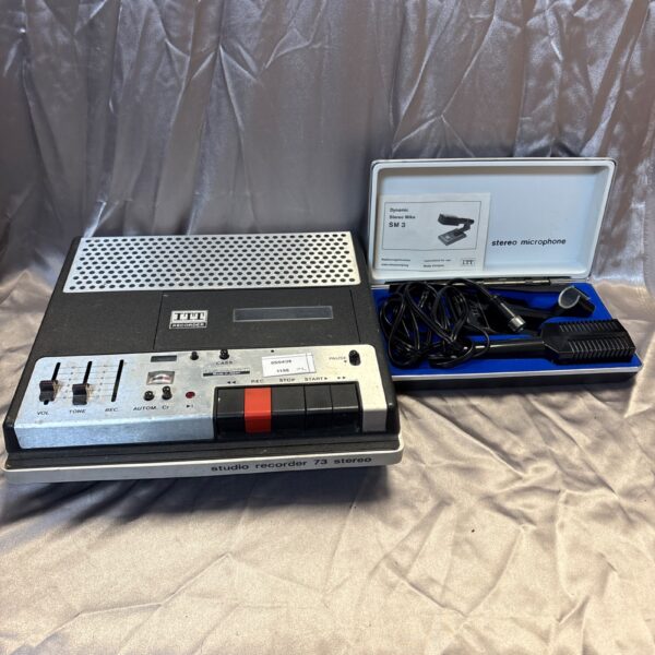 Vintage ITT studio recorder with SM3 microphone, retro audio equipment.