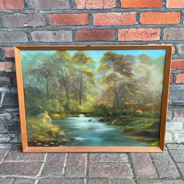 Signed J M Gilbert oil painting of a river with a kingfisher.